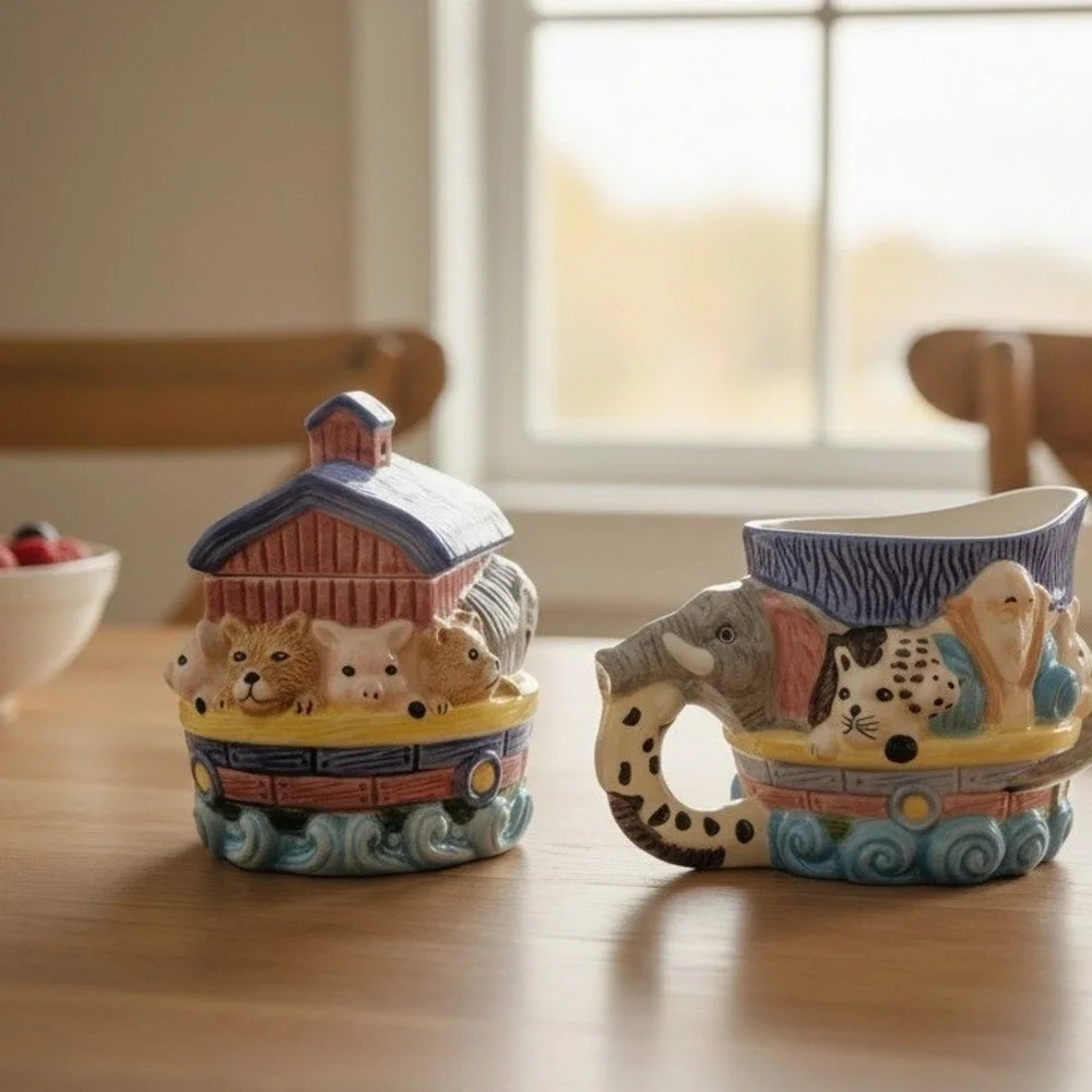 Jay Import Noahs Ark Ceramic Creamer and Sugar Bowl Set Elephant Handle Multi